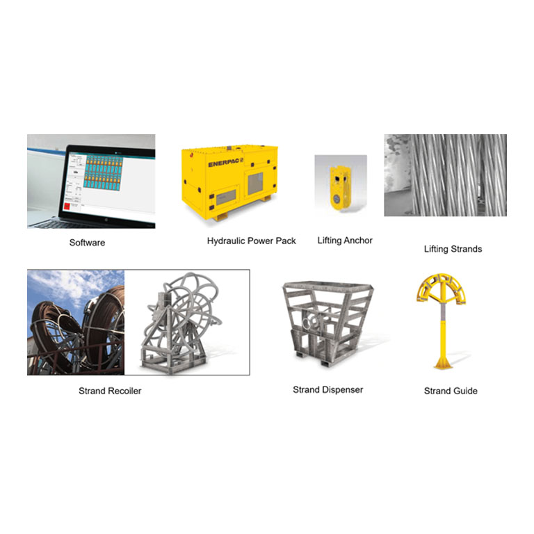 Figure 2: Strand Jack components including software, power pack, lifting anchor, lifting strands, recoiler, dispenser and strand guide.