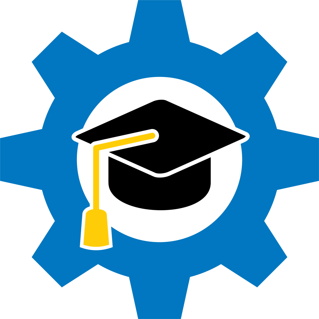 Scholarship logo with graduation hat and gear.