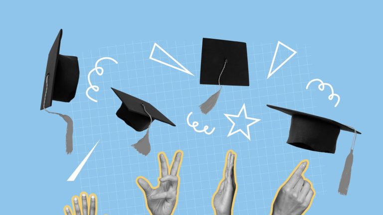 Four graduation caps tossed in the air against a light blue background, with illustrated confetti and raised hands visible at the bottom of the frame.